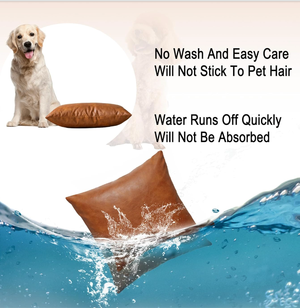 Set of 2 luxurious imitation leather cushion covers – 55.8x55.8 cm –Brown, water-repellent, fits well on 55x55 cm cushions or gives a fuller effect on 60x60 cm cushions-EU delivery: 1–3 days