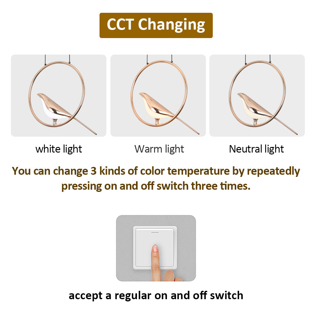 Bird pendant lamp showing 3 light color modes