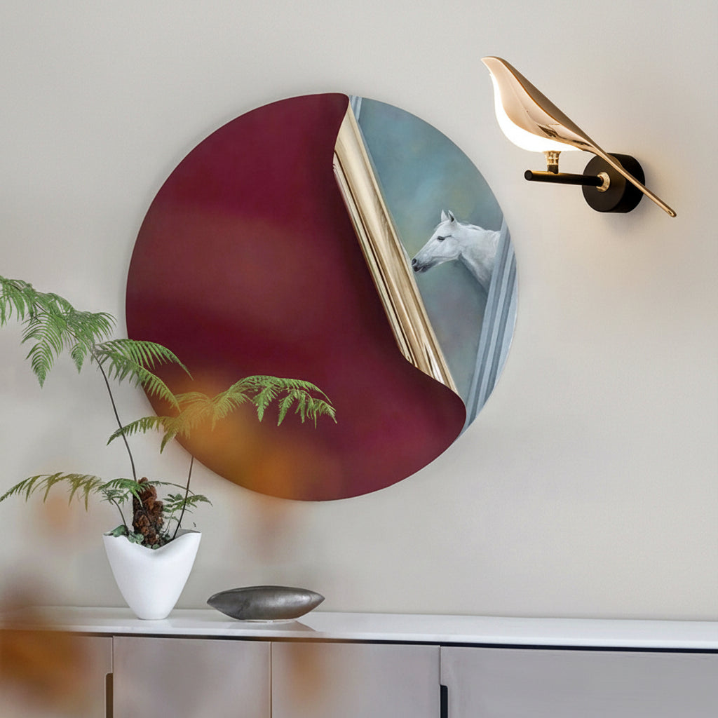Bird wall lamp mounted on wall, side angle view