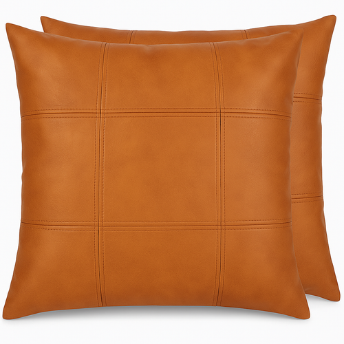 Faux leather cushion cover set, brown checkered, 45x45cm - main product photo