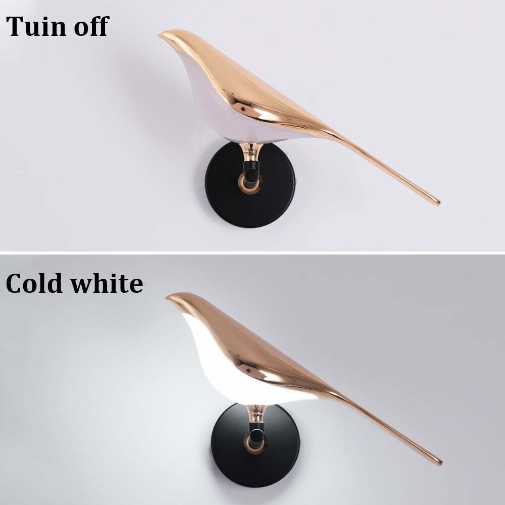 Bird wall lamp lit in cool white light mode